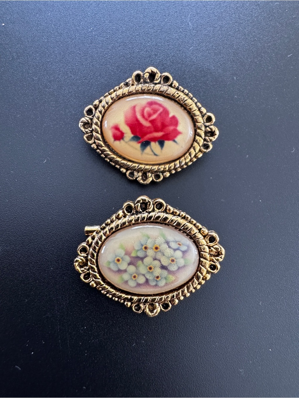 Vintage Christian Lapel Pin Floral Porcelain Brooch Red Rose & Blossoms set of 2